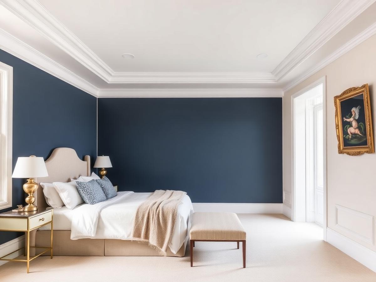 Bedroom with soft navy accent wall
