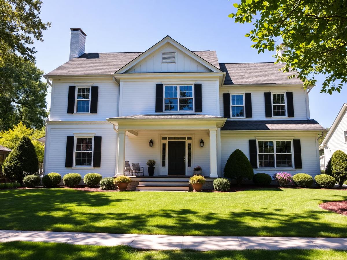Freshly painted white colonial home exterior in Maryland