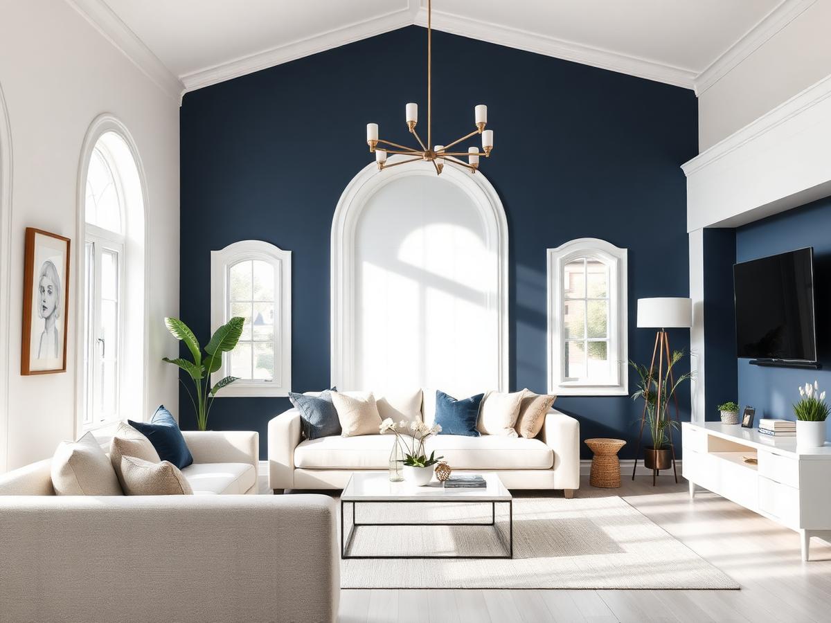 Freshly painted modern living room with navy accent wall